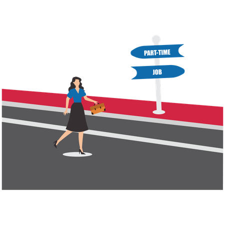 パートタイムの仕事の案内板に向かって走るビジネスウーマンまたは従業員  イラスト