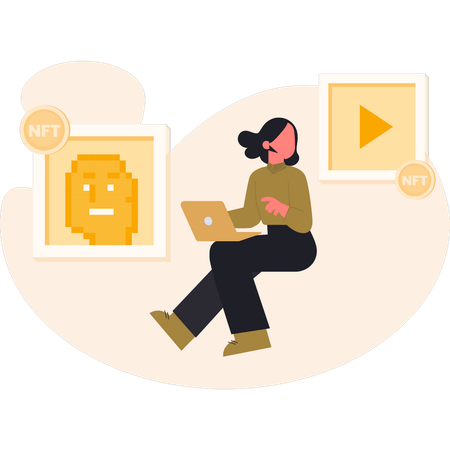 メディアビデオを見ている女性  イラスト