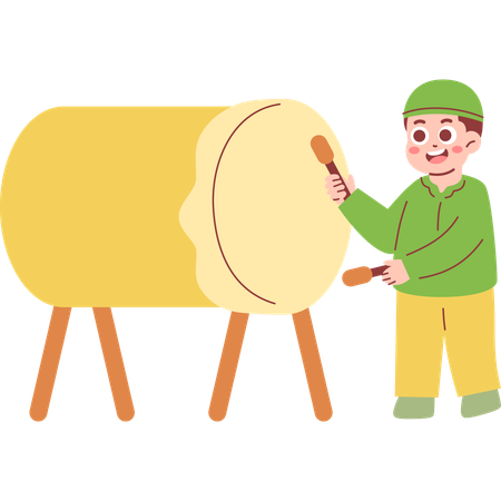 イスラム教徒の少年がイードのお祝いにベドゥグを打つ  イラスト