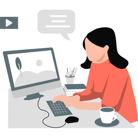 コンピューターで作業する女性  イラスト