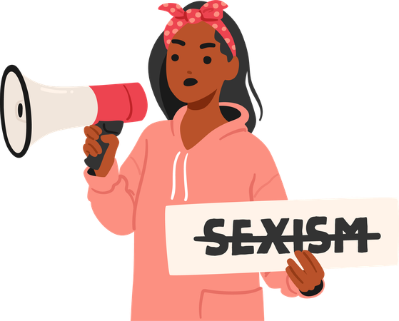 若い女性が性差別の問題に熱心に訴える  イラスト