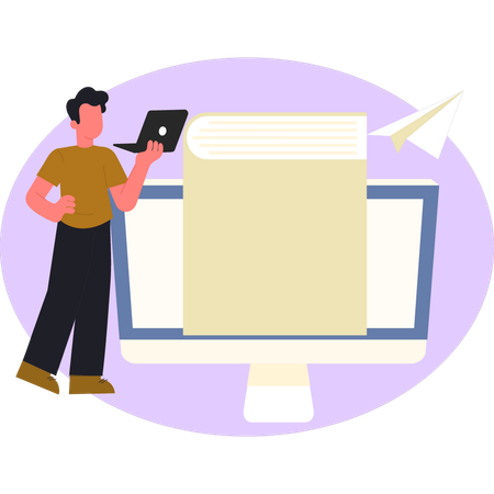 オンラインで読書をする少年  イラスト