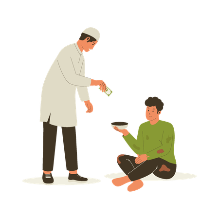 物乞いに寄付をするイスラム教徒の男性  イラスト