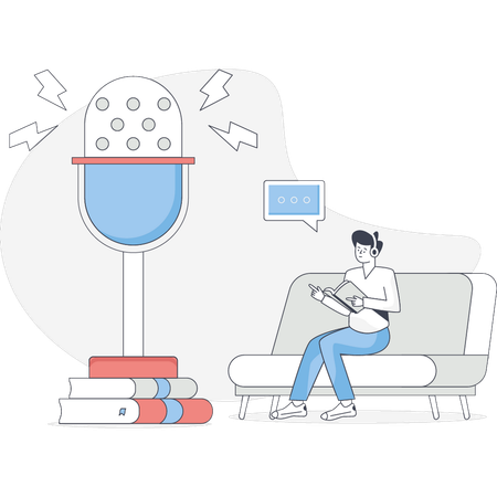 少年はヘッドフォンをつけてポッドキャストを聞いている  イラスト