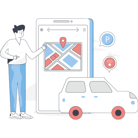 少年はオンラインで乗車を予約している  イラスト