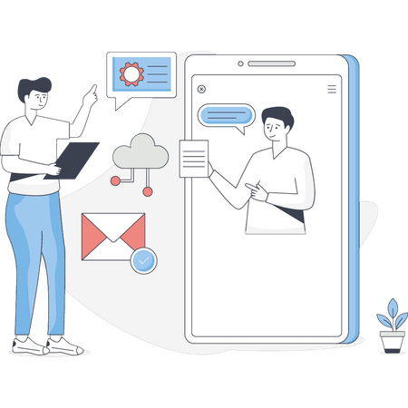 オンライン技術講座を指差す少年  イラスト