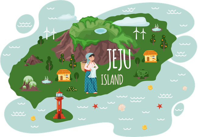 韓国の済州島へようこそと民族衣装を着た女性  イラスト