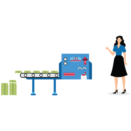 筆を手に取って紙幣を印刷する女性商人  イラスト