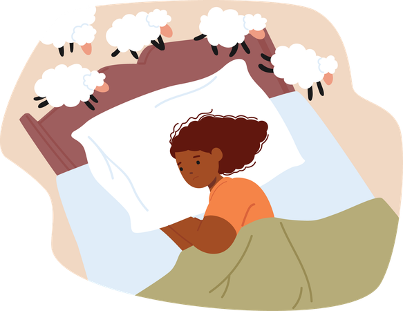 生活のストレスにより睡眠障害や不眠症に苦しみ、羊を数える若い女性  イラスト