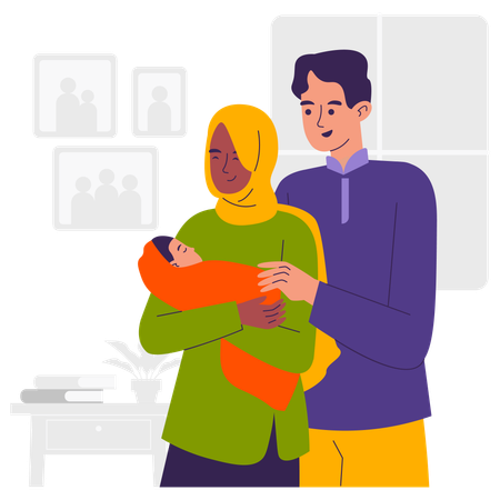 イスラム教徒の両親と子供  イラスト