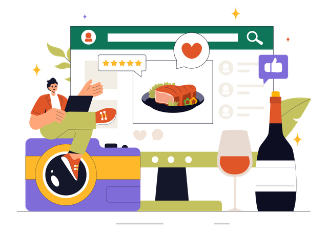 オンラインで食べ物のレビューをする男性  イラスト