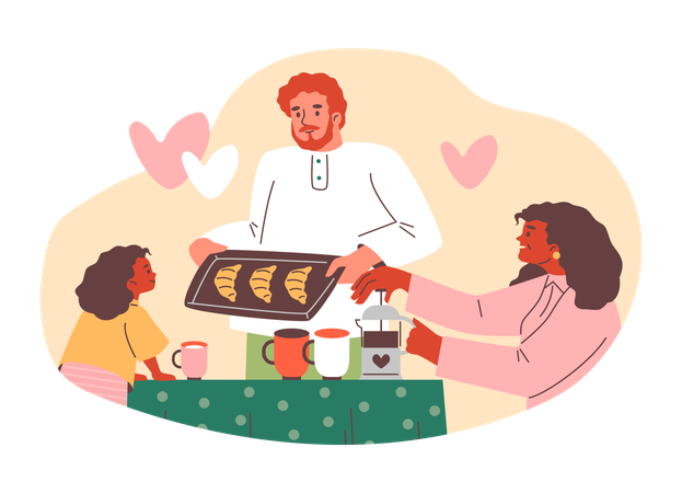 お父さんのクロワッサンを朝食に食べる幸せな家族  イラスト