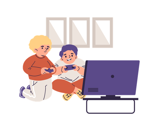ジョイスティックを使って熱心にゲーム機で遊ぶ少年たち  イラスト