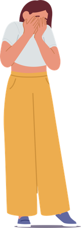 イライラしながら顔を手のひらで覆って泣いている若い女性  イラスト