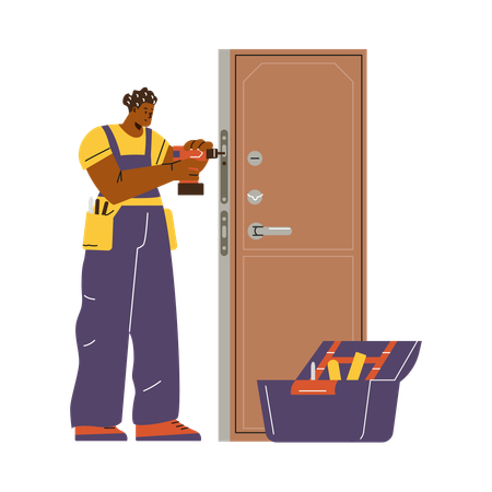 ドリルでドアを修理するプロの鍵屋  イラスト