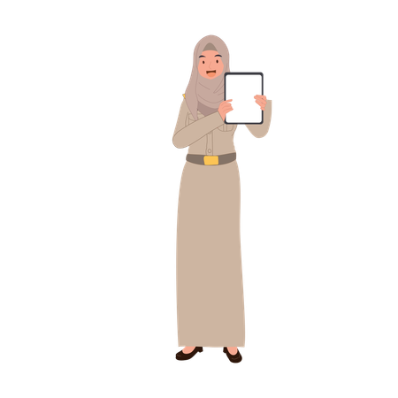 政府の制服を着たプロのタイのイスラム教徒の教師がタブレットを使って授業を説明している  イラスト