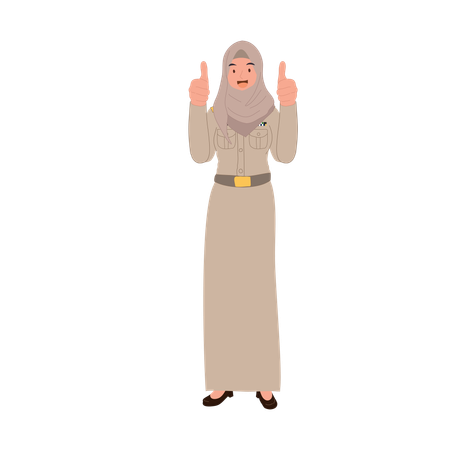 政府の制服を着たイスラム教徒の教師が親指を立てている  イラスト
