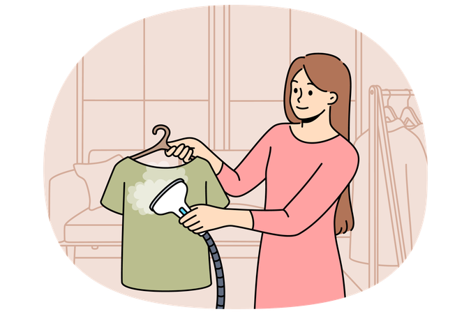 主婦が洗濯後の衣類をスチームアイロンで処理する  イラスト