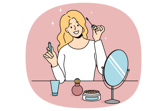 거울을 보며 화장을 하고 웃는 소녀  일러스트레이션