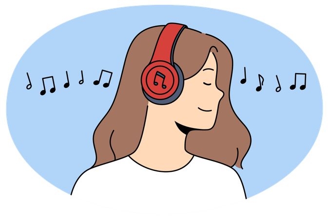 ワイヤレスイヤホンで音楽を聴く幸せな女性  イラスト
