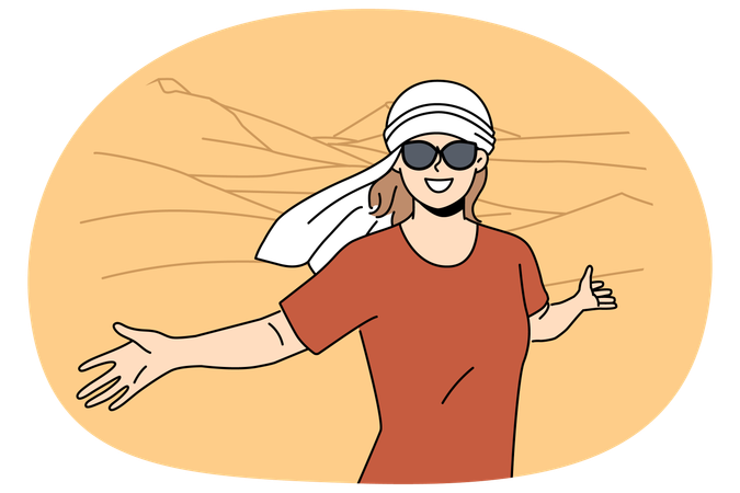 帽子をかぶって砂丘でポーズをとる笑顔の女性  イラスト