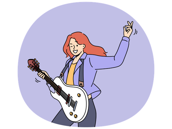 ギターを持った女性がコンサートでロック音楽を演奏し、創造的な趣味を楽しみ、画面を見ながらウインクする  イラスト