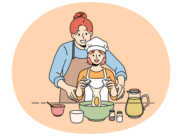 笑顔の母親が小さな娘と一緒に料理をする  イラスト