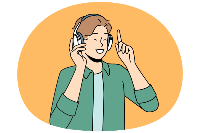 ヘッドフォンをつけて音楽を聴く笑顔の男性  イラスト