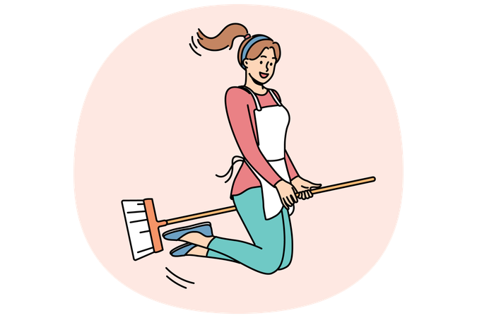 モップの上で飛んで、家事やアパートの掃除をしながら喜びを感じている幸せな女性  イラスト