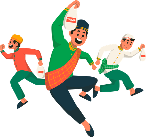 無料のイフタール・タクジルをもらって喜ぶ少年たち  イラスト