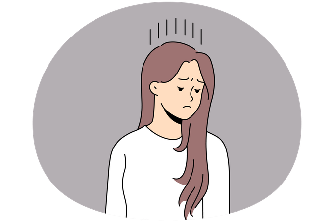 不幸な若い女性は悩み、落ち込み、うつ病に苦しむ  イラスト