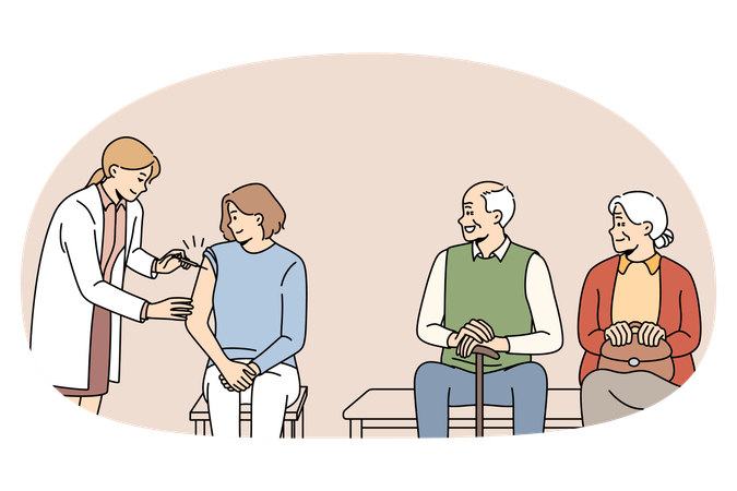 医師が診療所で人々にワクチンを接種  イラスト