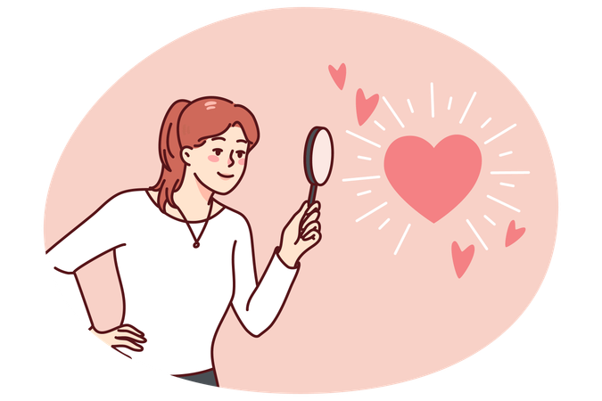 拡大鏡を使って愛を探している女性  イラスト