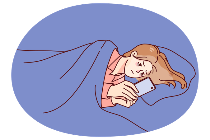 夜ベッドに横になって携帯電話を使っている女性  イラスト