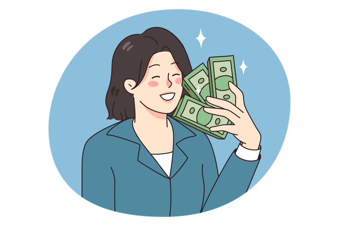 笑顔のビジネスウーマンがドル紙幣を手に持っている  イラスト