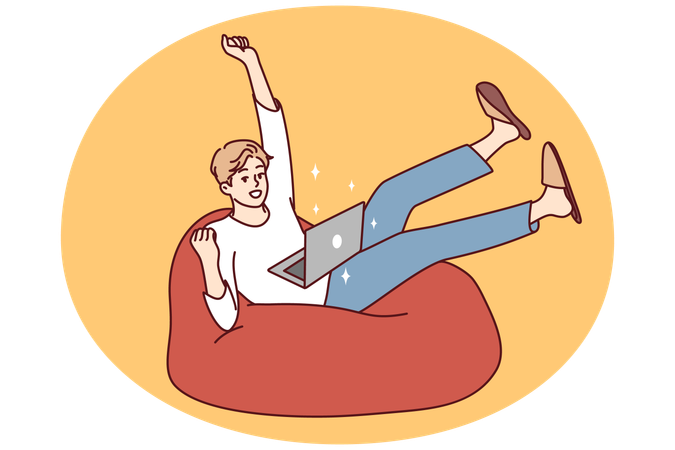 ノートパソコンで宝くじに当選し大喜びの男性  イラスト