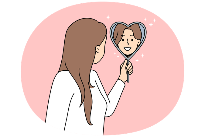 하트 모양 거울 속의 행복한 여자  일러스트레이션