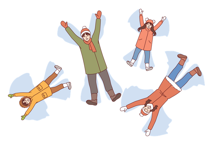 家族が冬の土の上に横になって雪の天使を作る  イラスト