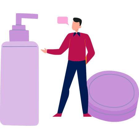 メイクアップアクセサリーについて話している若い男性  イラスト