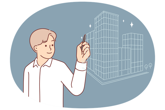 男性建築家が仮想スクリーンに建物を描く  イラスト