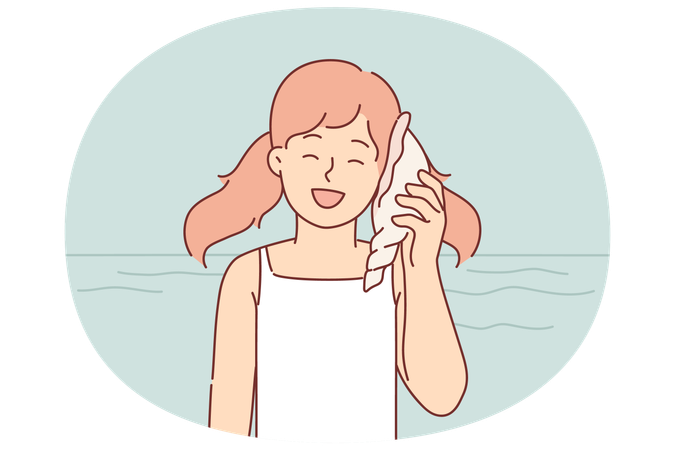 島のビーチに立って耳に貝殻を当てている少女  イラスト