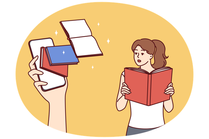 教科書を持った女性が、画面に本が映っている携帯電話を持った巨大な手を見て驚く  イラスト