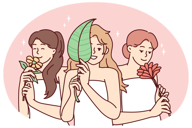 心地よいスパトリートメントの後、タオルを巻いて自然の植物を抱いている幸せな女性たち  イラスト