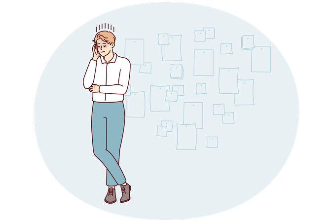 男性のプロジェクトマネージャーがあぐらをかいて頭を触りながら会社のことを考えている  イラスト