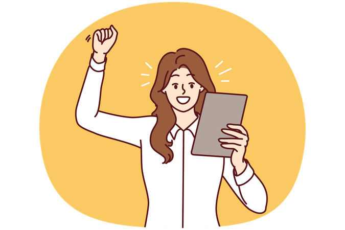 勝利のジェスチャーをしながら手を上げて電子タブレットを見ている幸せな女性  イラスト