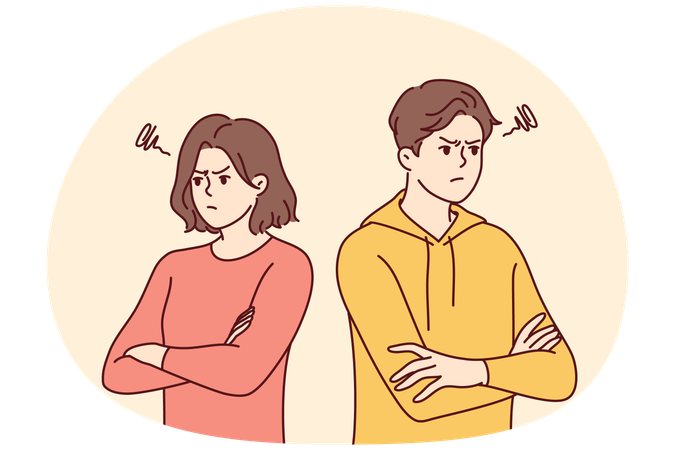 喧嘩や意見の相違の後に怒ったポーズをとる若い家族  イラスト