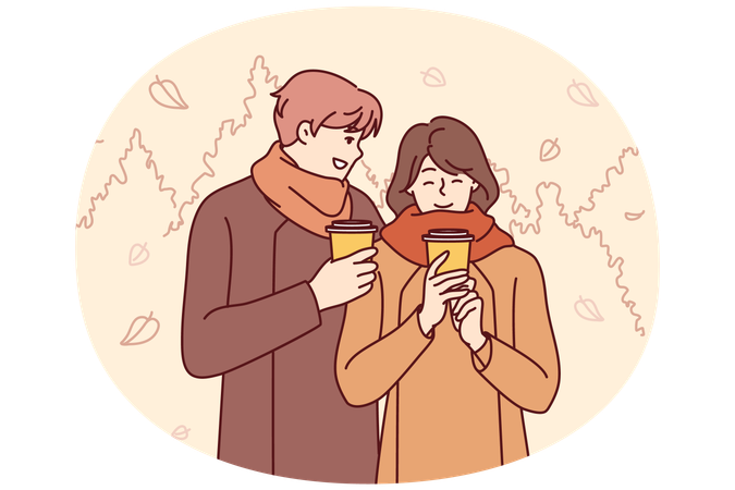 暖かい服を着て秋の公園を歩きながら熱いコーヒーを飲むカップル  イラスト