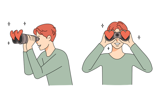幸せな男が双眼鏡で愛を探す  イラスト