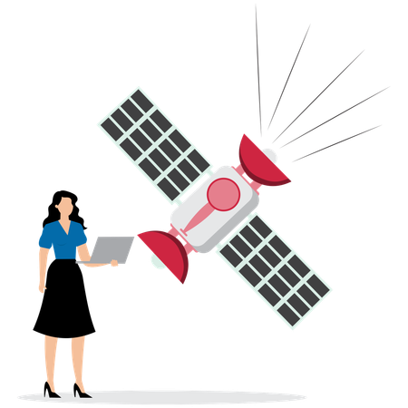 宇宙衛星の軌道を確認する女性  イラスト