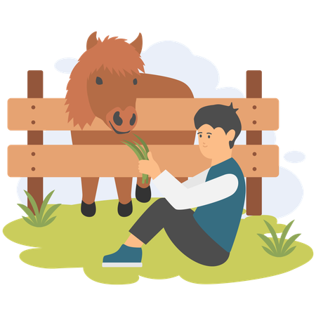 馬に餌をやる少年  イラスト